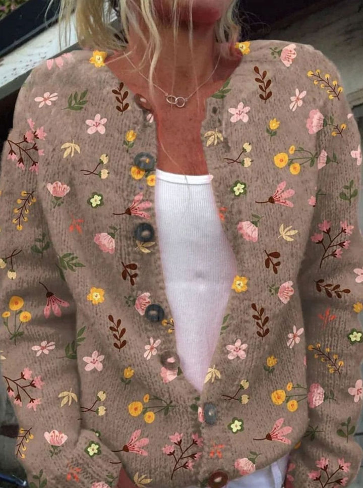 Damen Klassische Geknöpfte Strickjacke mit Blumenmuster - Braun