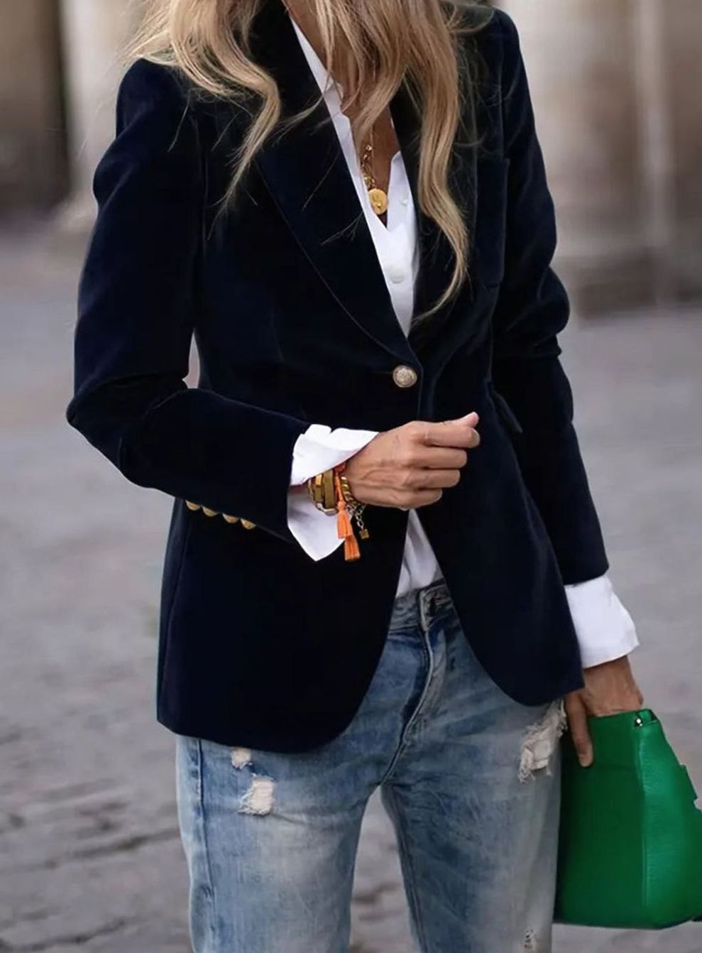 Damen Klassischer Blazer mit Ein-Knopf-Verschluss Goldknöpfe Samtoptik - Schwarz