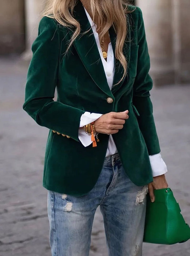 Damen Klassischer Blazer mit Ein-Knopf-Verschluss Goldknöpfe Samtoptik - Grün