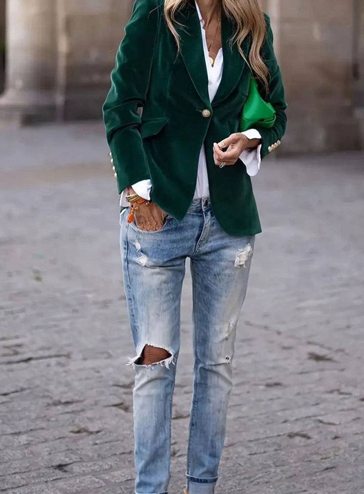Damen Klassischer Blazer mit Ein-Knopf-Verschluss Goldknöpfe Samtoptik