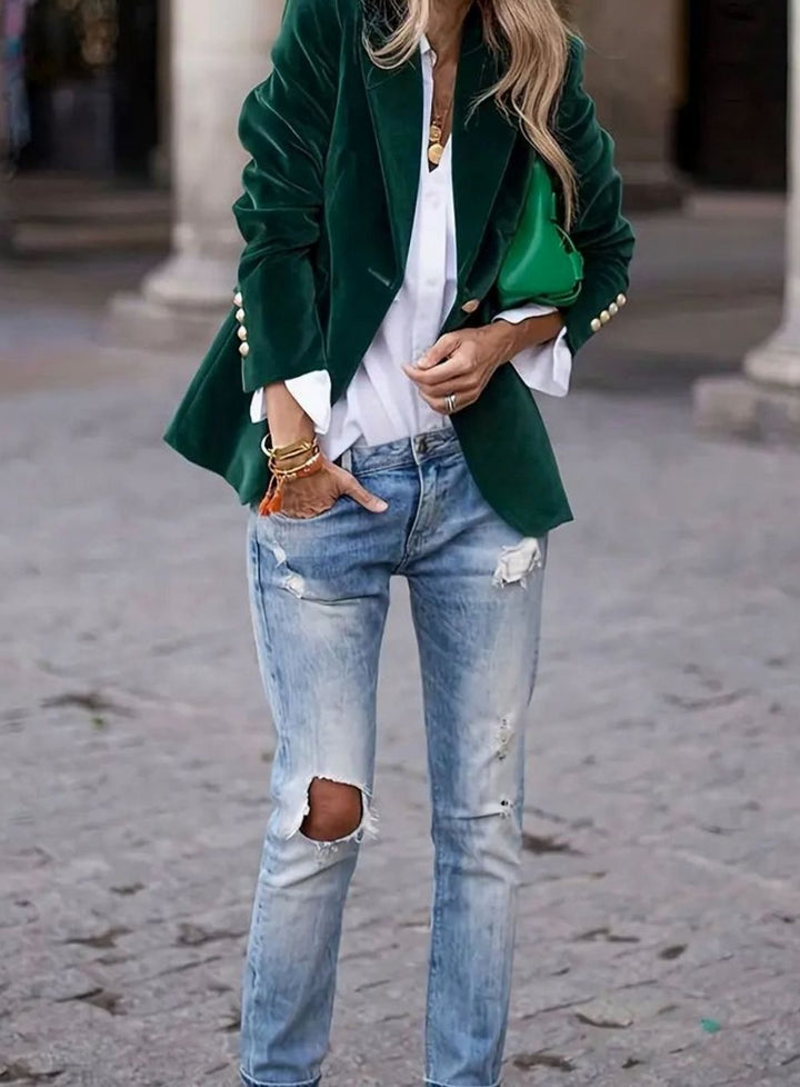 Damen Klassischer Blazer mit Ein-Knopf-Verschluss Goldknöpfe Samtoptik
