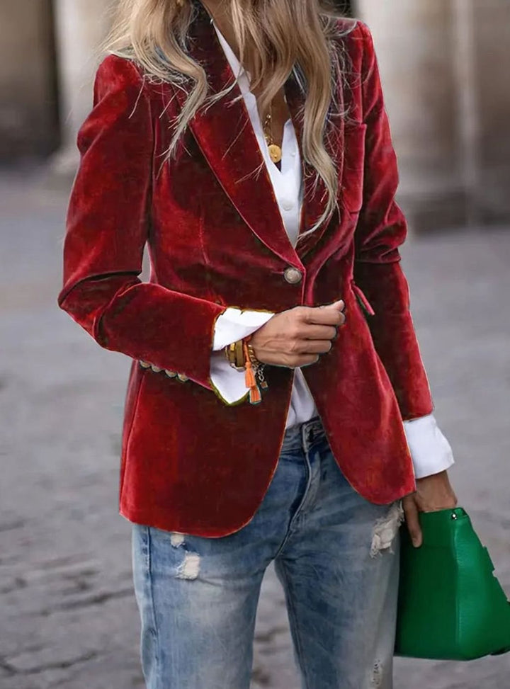 Damen Klassischer Blazer mit Ein-Knopf-Verschluss Goldknöpfe Samtoptik - Rot