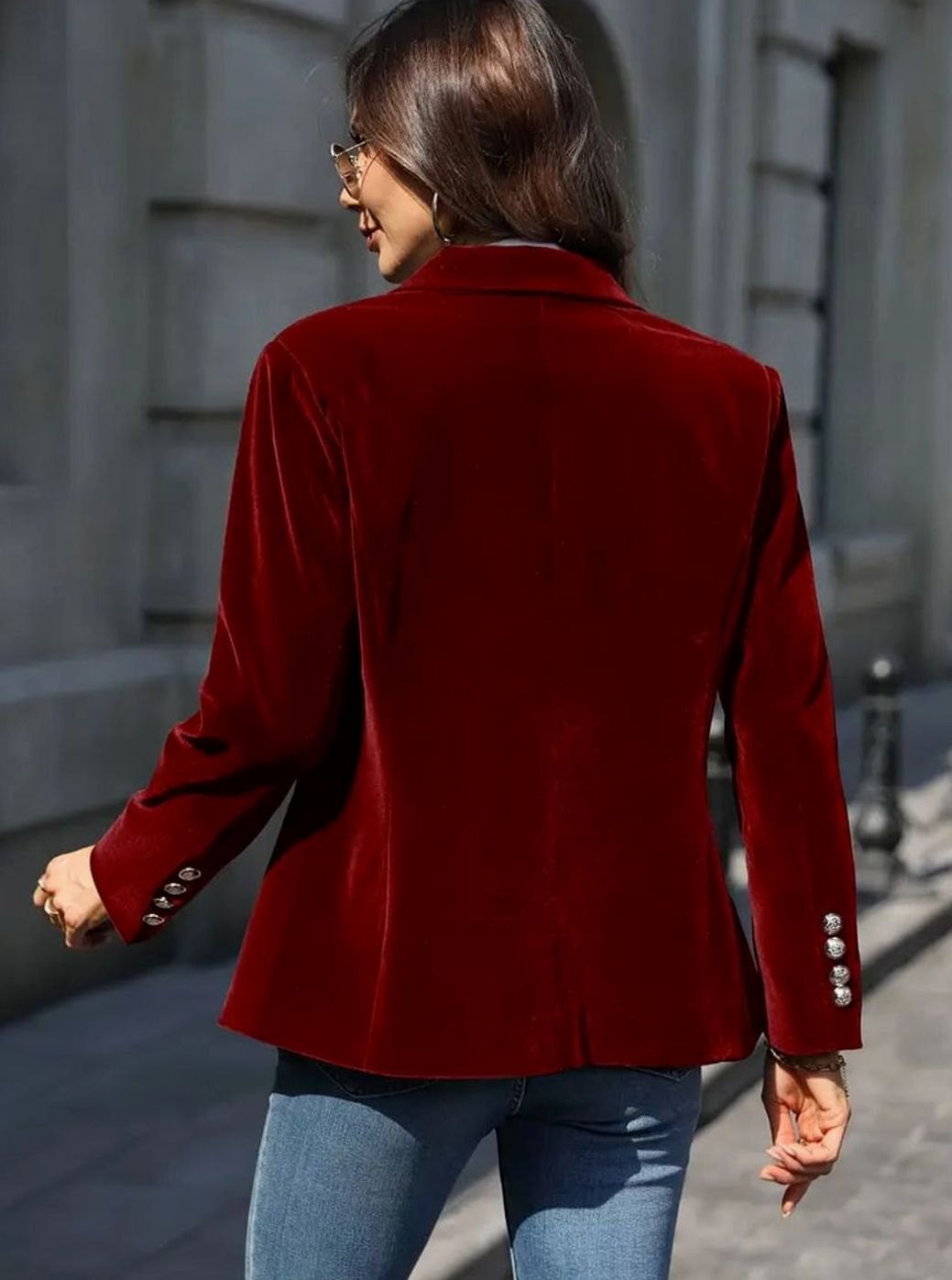 Damen Klassischer Blazer mit Ein-Knopf-Verschluss Goldknöpfe Samtoptik