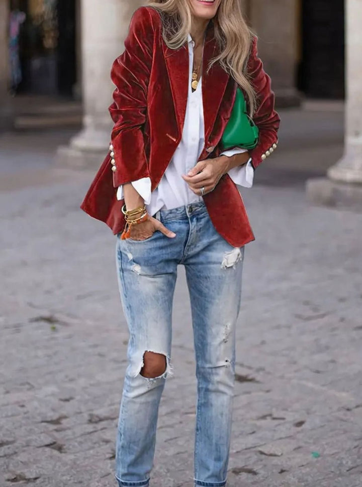 Damen Klassischer Blazer mit Ein-Knopf-Verschluss Goldknöpfe Samtoptik