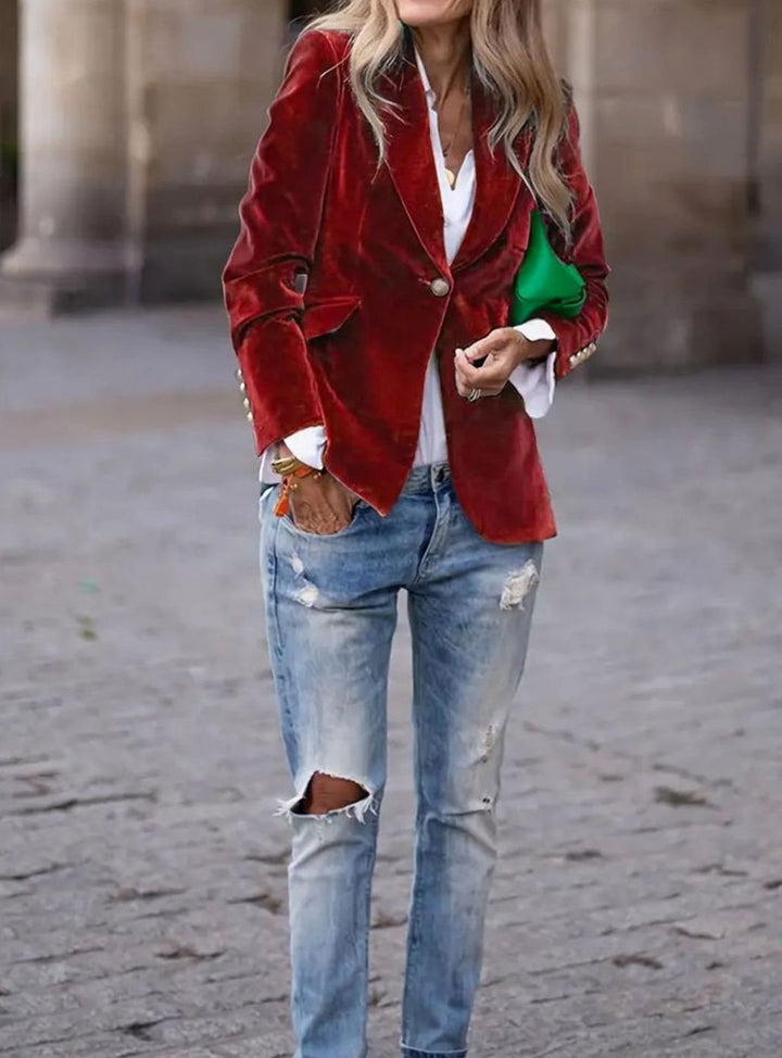 Damen Klassischer Blazer mit Ein-Knopf-Verschluss Goldknöpfe Samtoptik