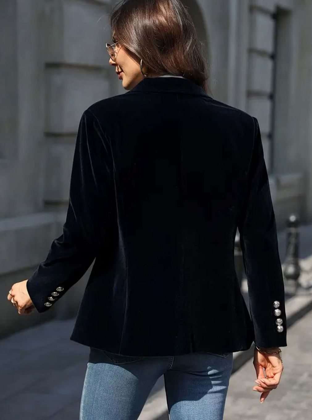 Damen Klassischer Blazer mit Ein-Knopf-Verschluss Goldknöpfe Samtoptik