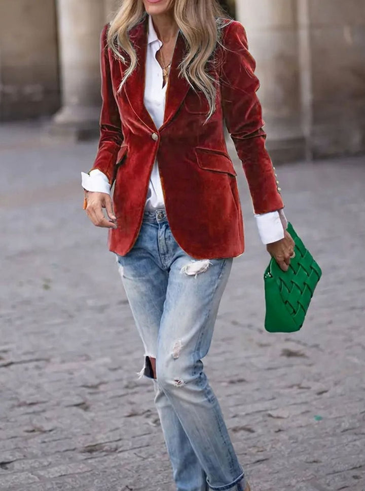 Damen Klassischer Blazer mit Ein-Knopf-Verschluss Goldknöpfe Samtoptik