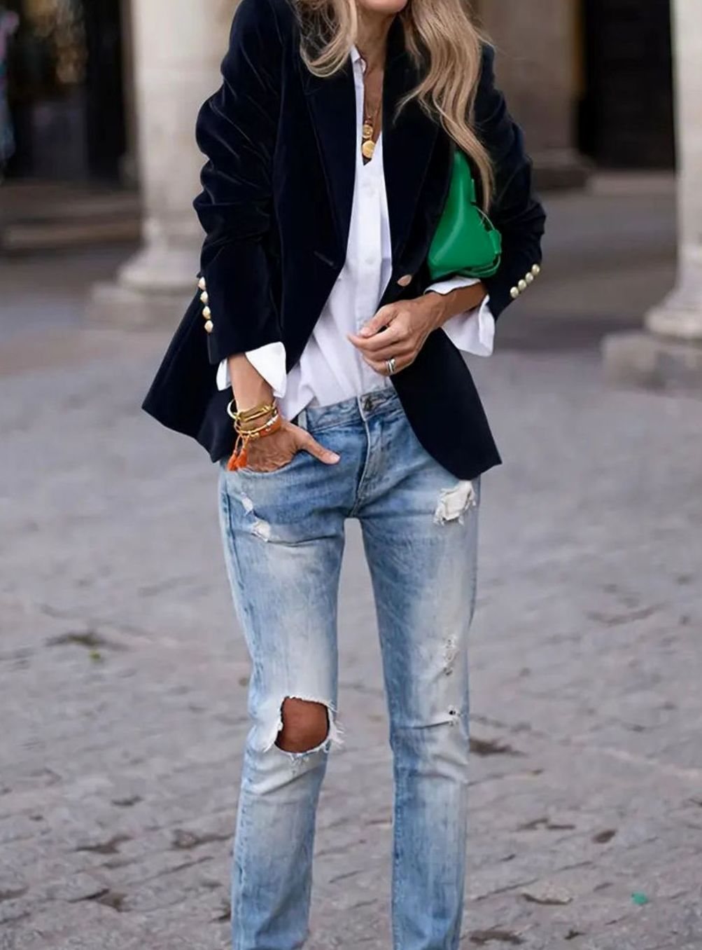 Damen Klassischer Blazer mit Ein-Knopf-Verschluss Goldknöpfe Samtoptik