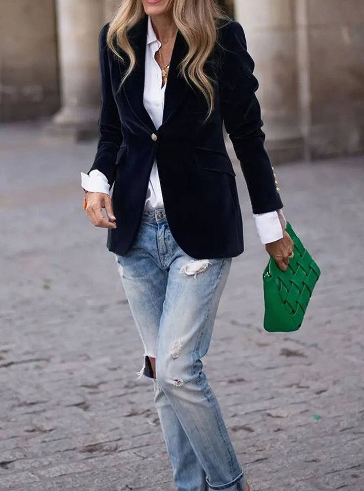 Damen Klassischer Blazer mit Ein-Knopf-Verschluss Goldknöpfe Samtoptik