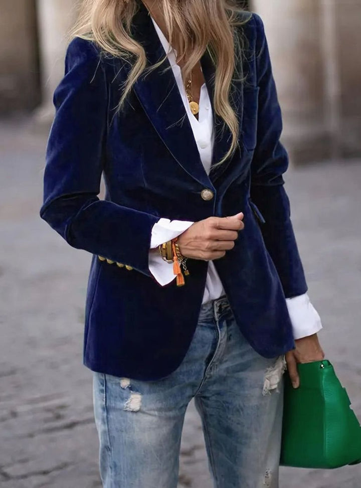 Damen Klassischer Blazer mit Ein-Knopf-Verschluss Goldknöpfe Samtoptik - Blau