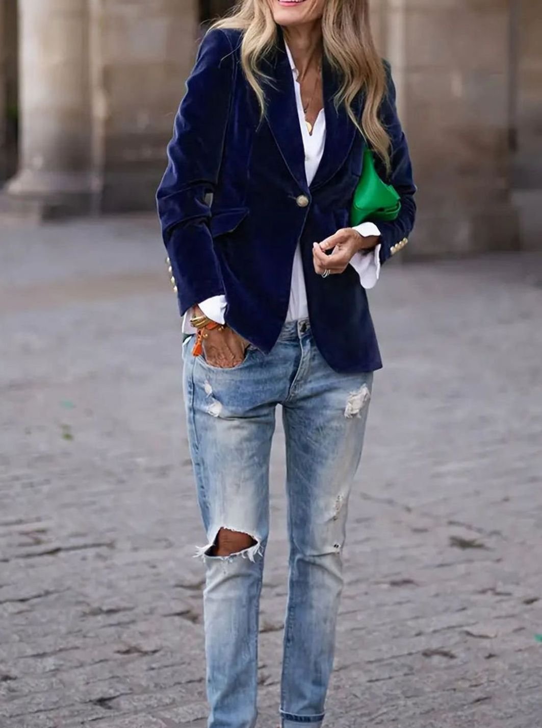 Damen Klassischer Blazer mit Ein-Knopf-Verschluss Goldknöpfe Samtoptik