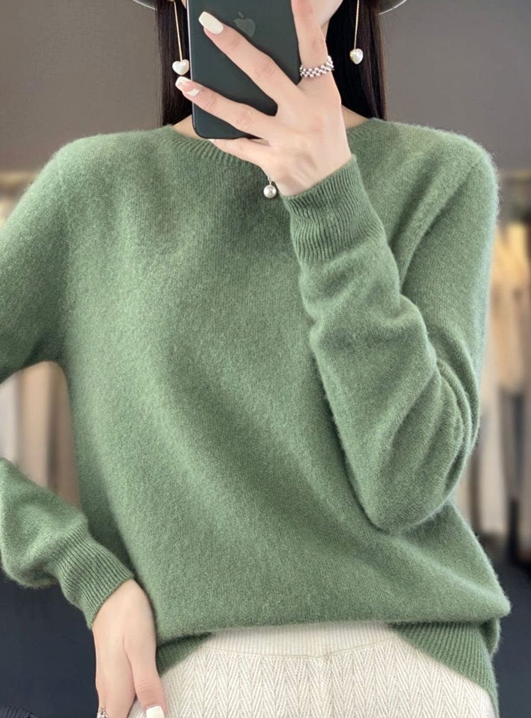 Damen Klassischer Langarm Strickpullover mit Rundhals - Türkis