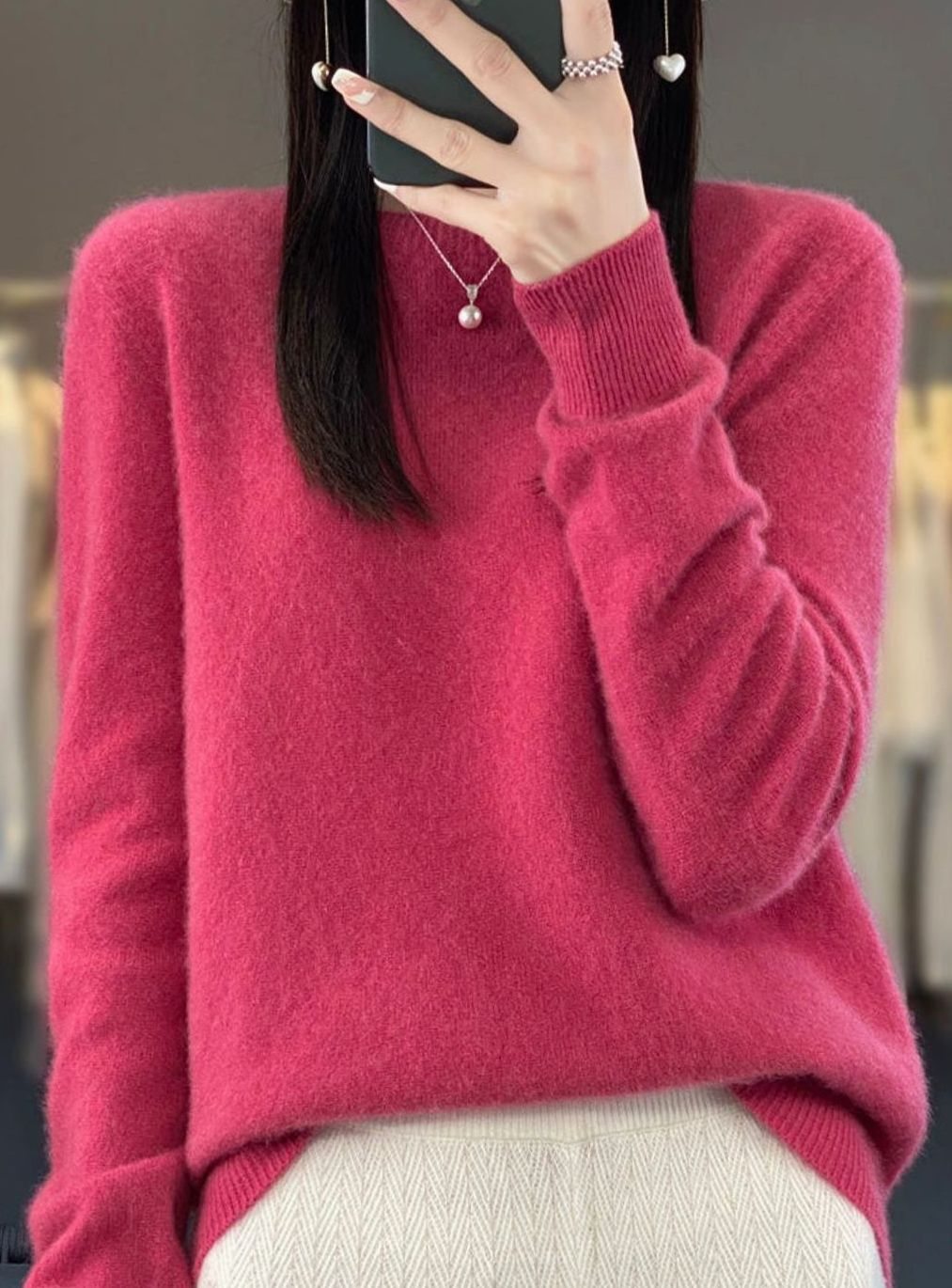 Damen Klassischer Langarm Strickpullover mit Rundhals - Himbeerrot
