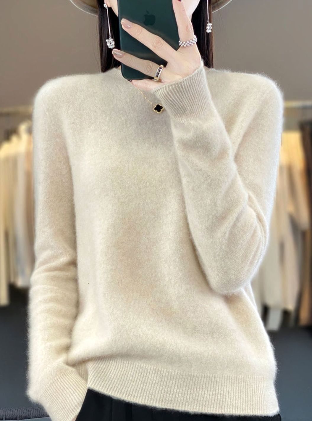 Damen Klassischer Langarm Strickpullover mit Rundhals - Beige