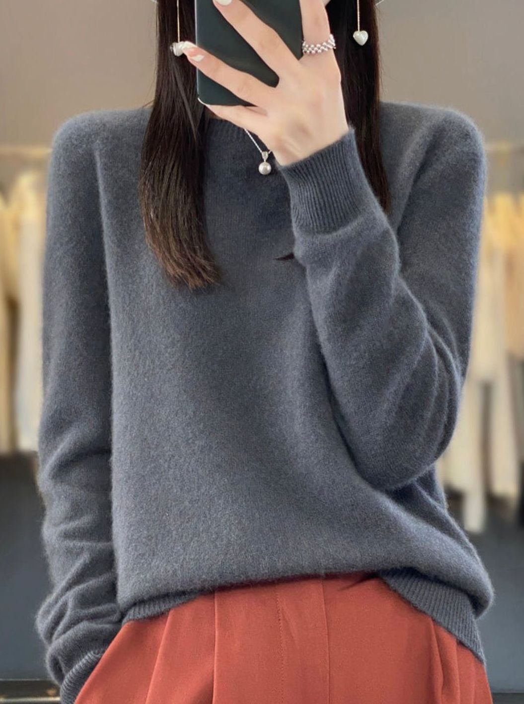Damen Klassischer Langarm Strickpullover mit Rundhals - Dunkelgrau