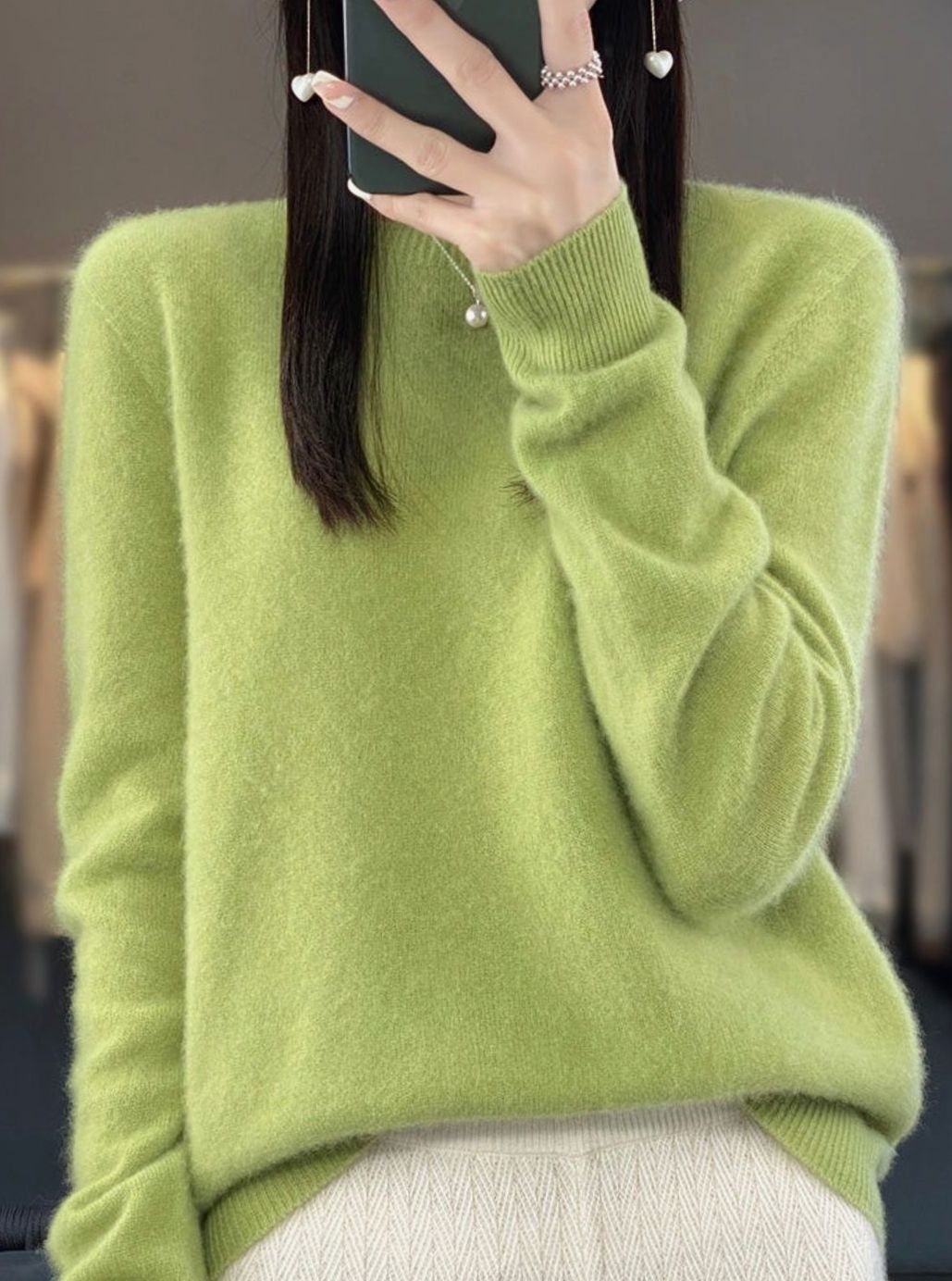 Damen Klassischer Langarm Strickpullover mit Rundhals - Fruchtgrün