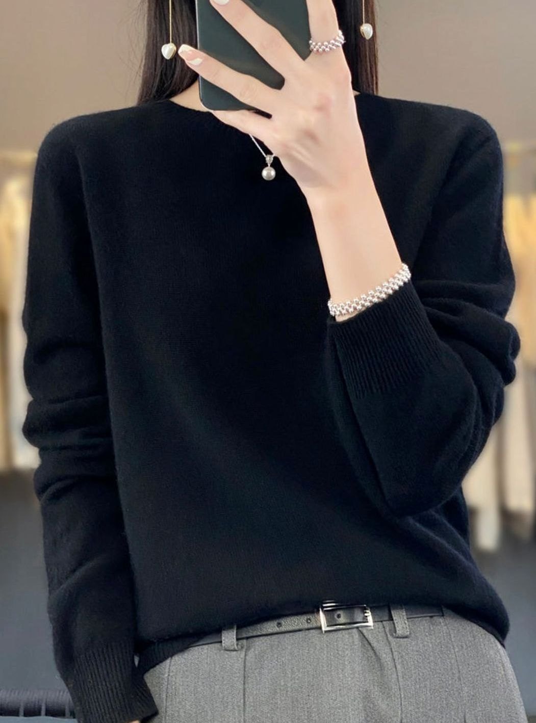 Damen Klassischer Langarm Strickpullover mit Rundhals - Schwarz