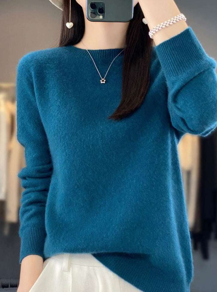 Damen Klassischer Langarm Strickpullover mit Rundhals - Blaualgen