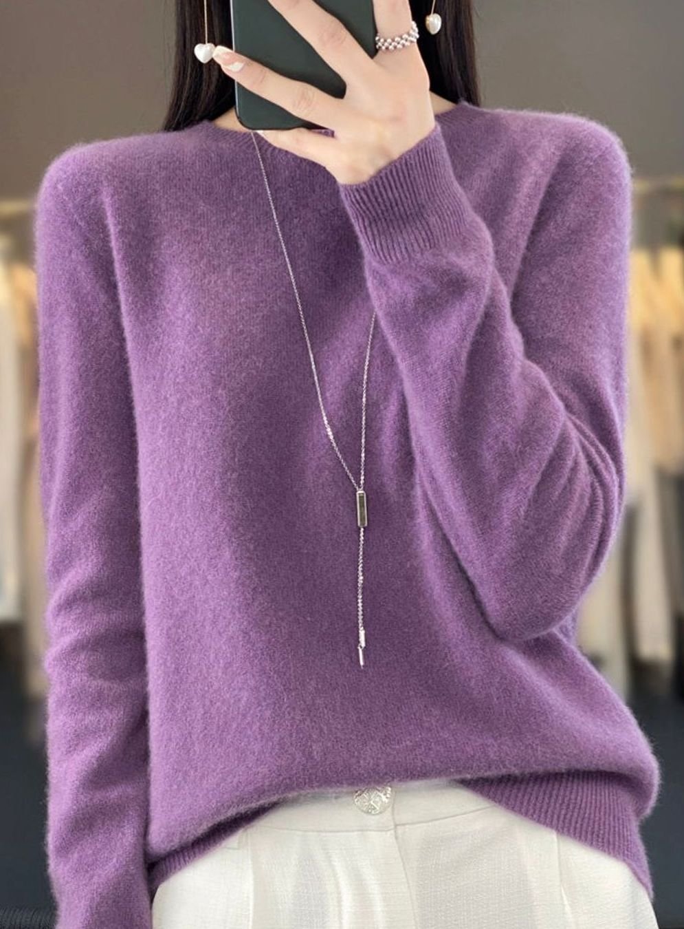 Damen Klassischer Langarm Strickpullover mit Rundhals - Violett