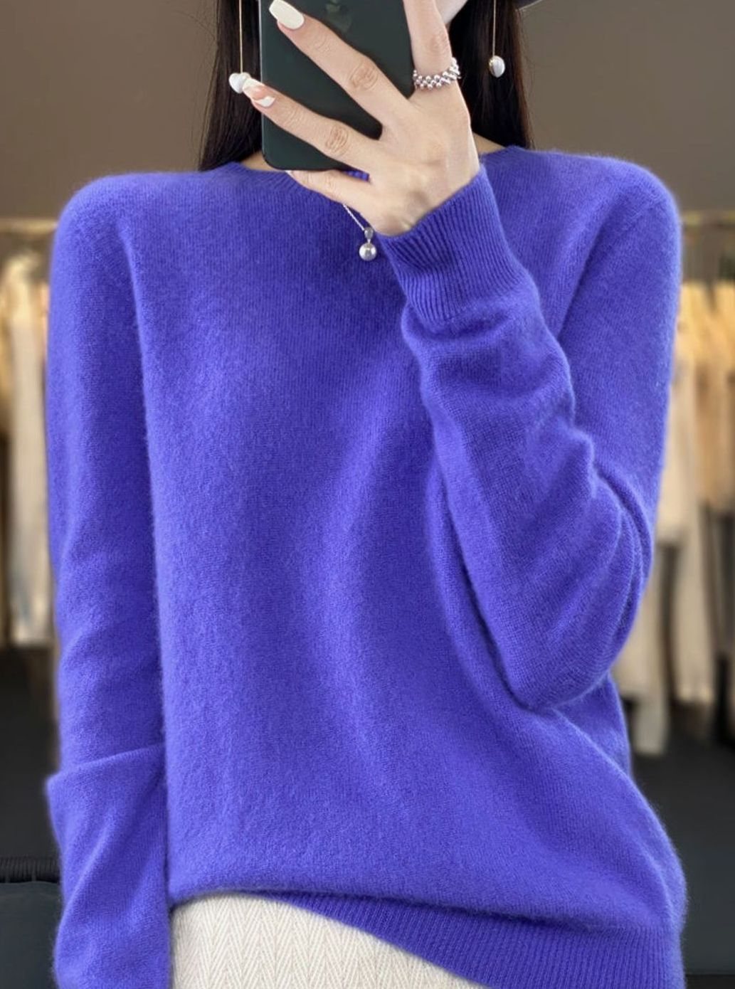 Damen Klassischer Langarm Strickpullover mit Rundhals - Blau Violett