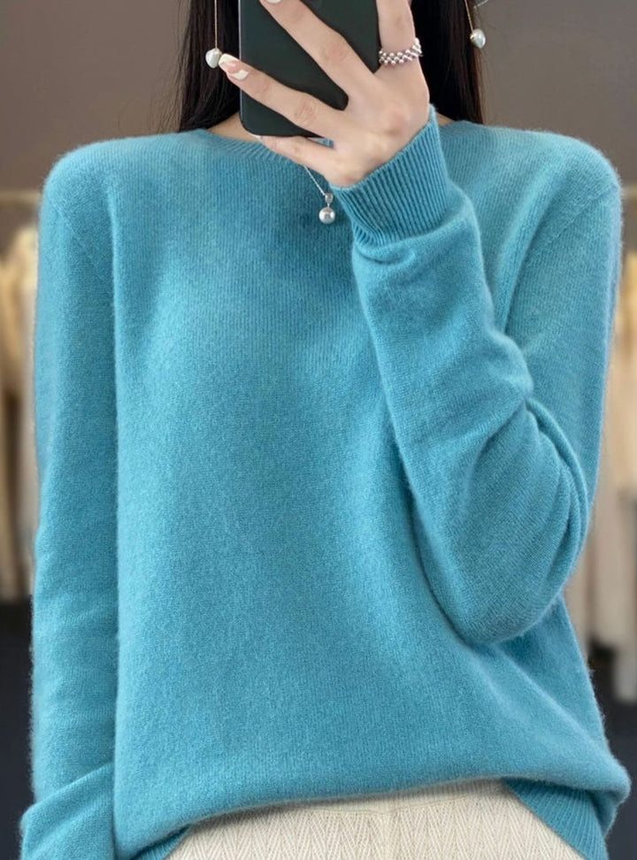 Damen Klassischer Langarm Strickpullover mit Rundhals - Mehr Blau