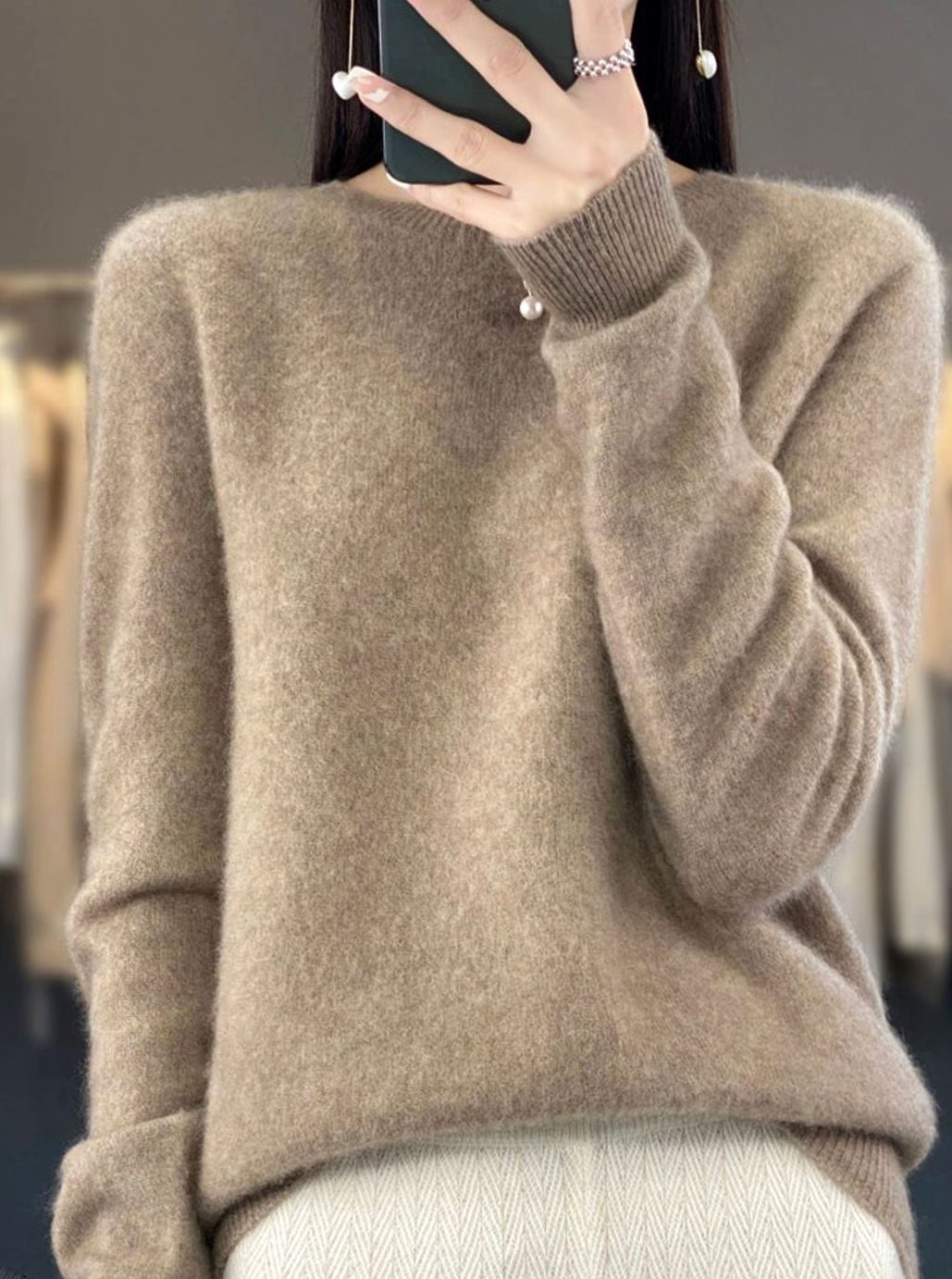 Damen Klassischer Langarm Strickpullover mit Rundhals - Camel