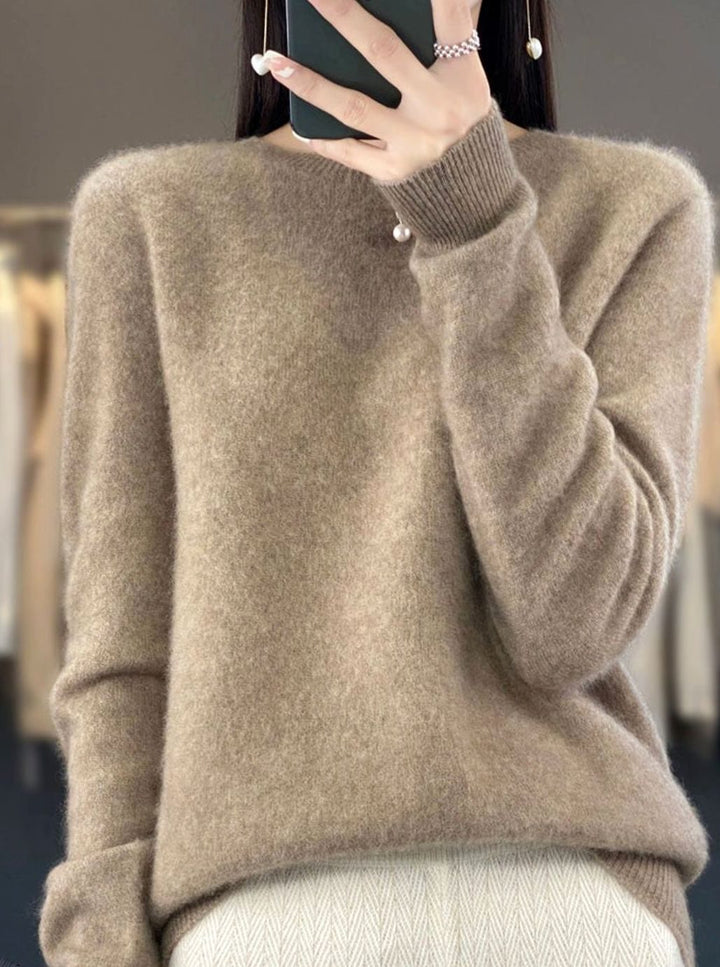 Damen Klassischer Langarm Strickpullover mit Rundhals - Camel