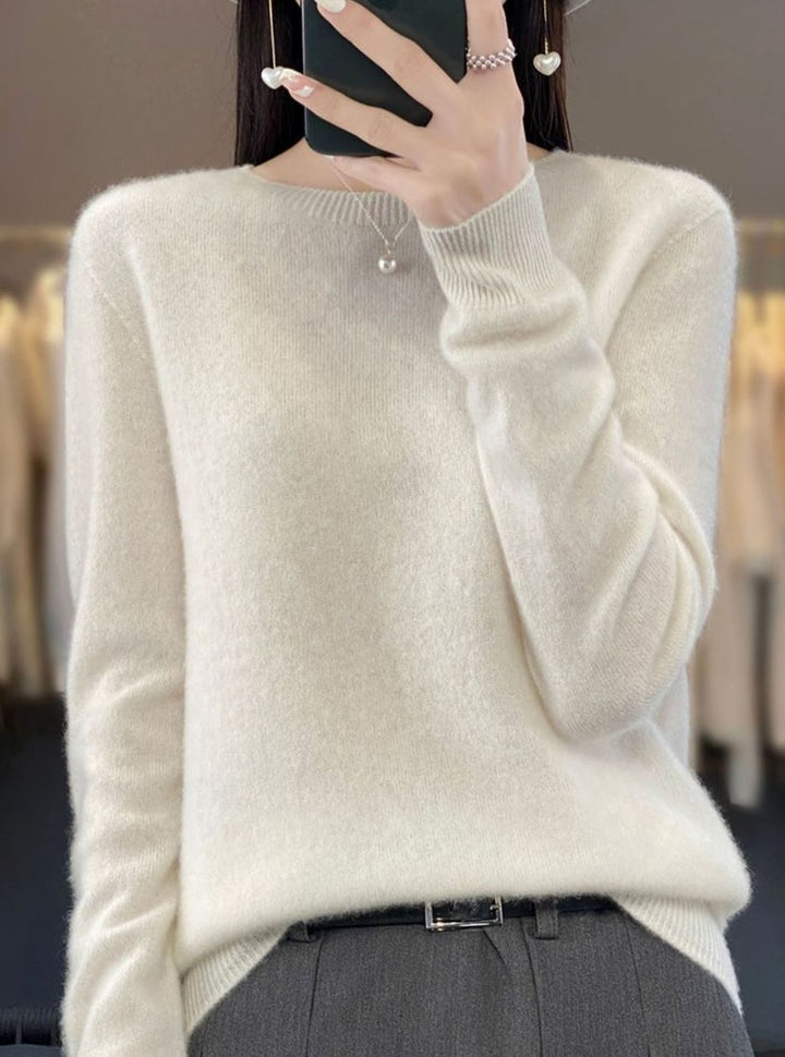 Damen Klassischer Langarm Strickpullover mit Rundhals - Weiß