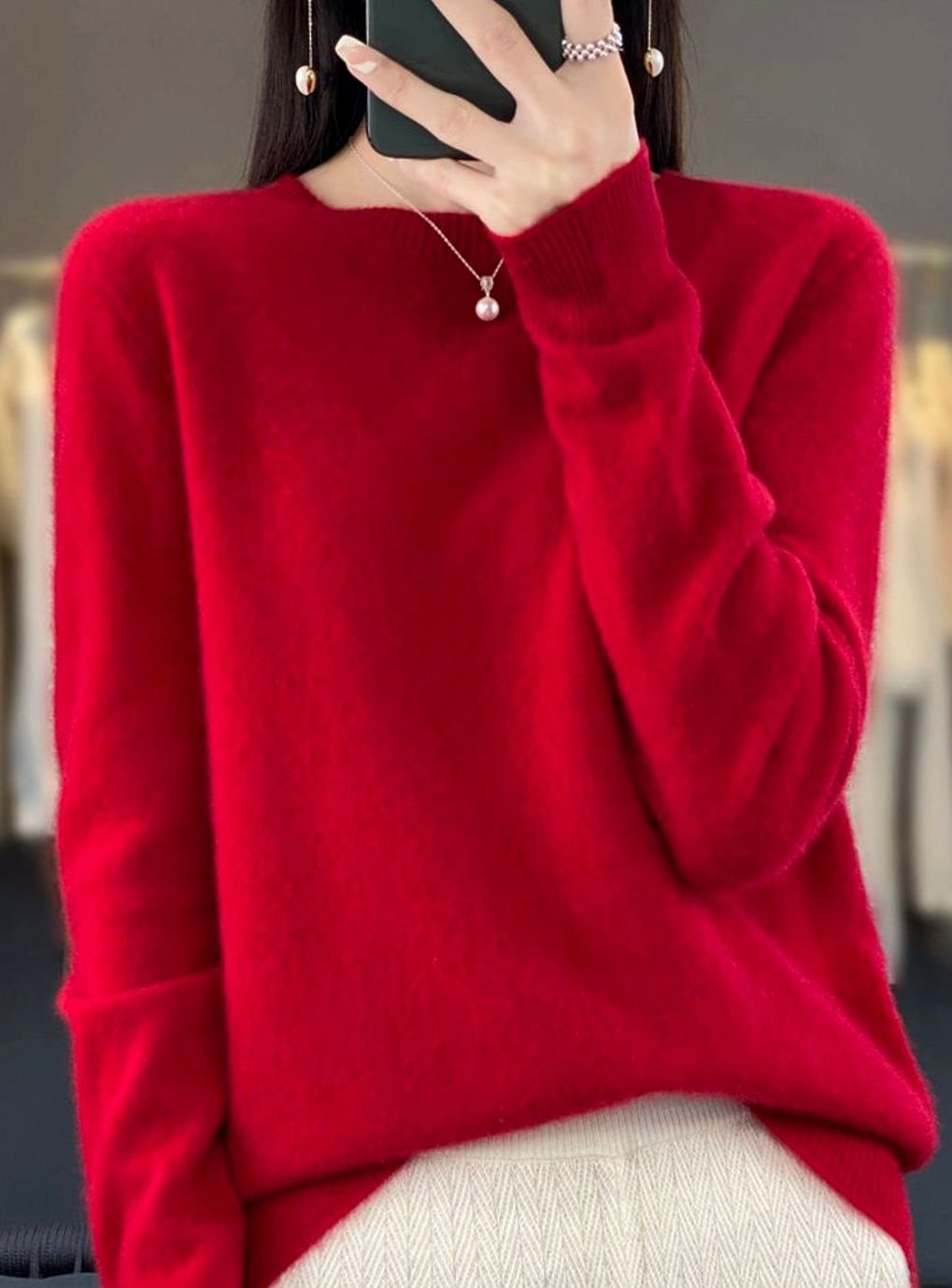 Damen Klassischer Langarm Strickpullover mit Rundhals - Rot