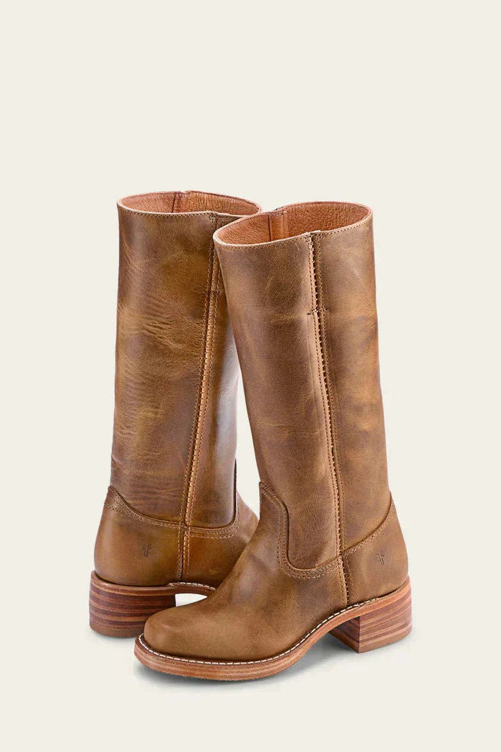Damen Kniehöhe Leder Stiefel Blockabsatz - Khaki