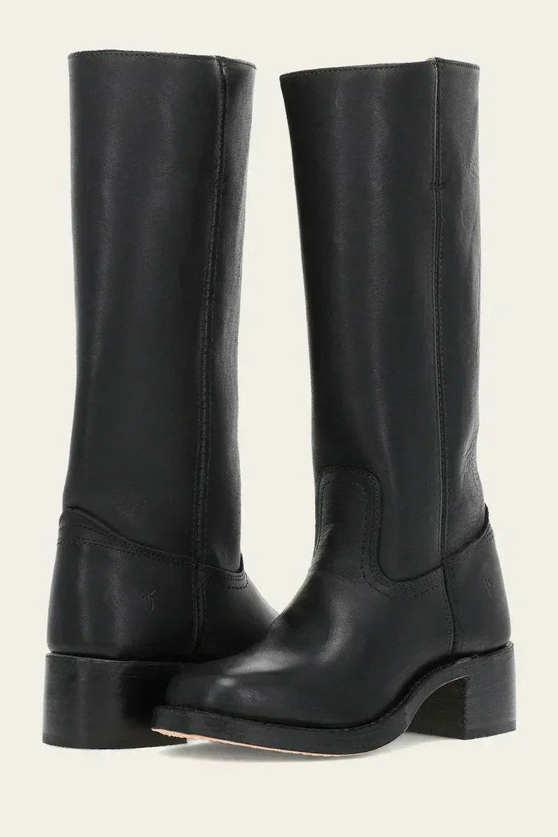 Damen Kniehöhe Leder Stiefel Blockabsatz - Black