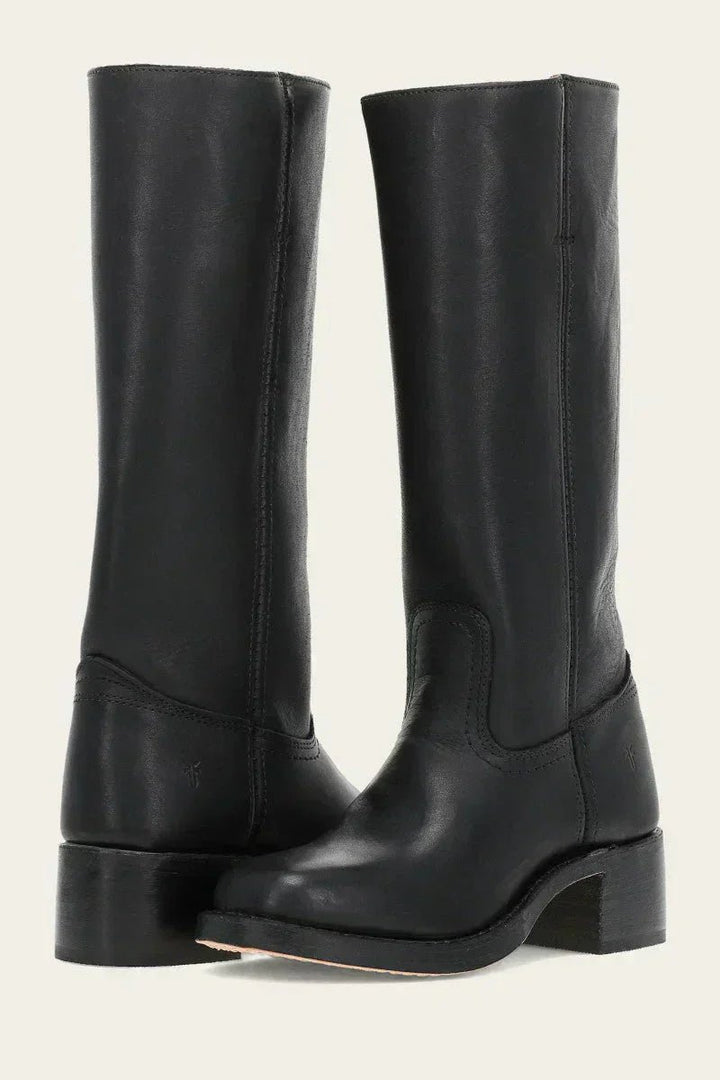 Damen Kniehöhe Leder Stiefel Blockabsatz - Black