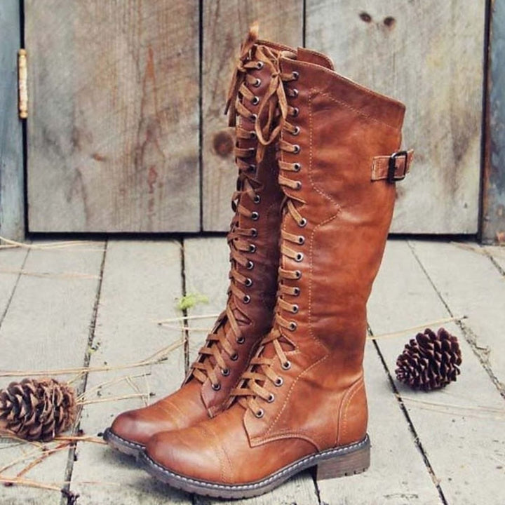 Damen Kniehohe Schnürstiefel im Reitstil Profilsohle Wadenstiefel - Braun