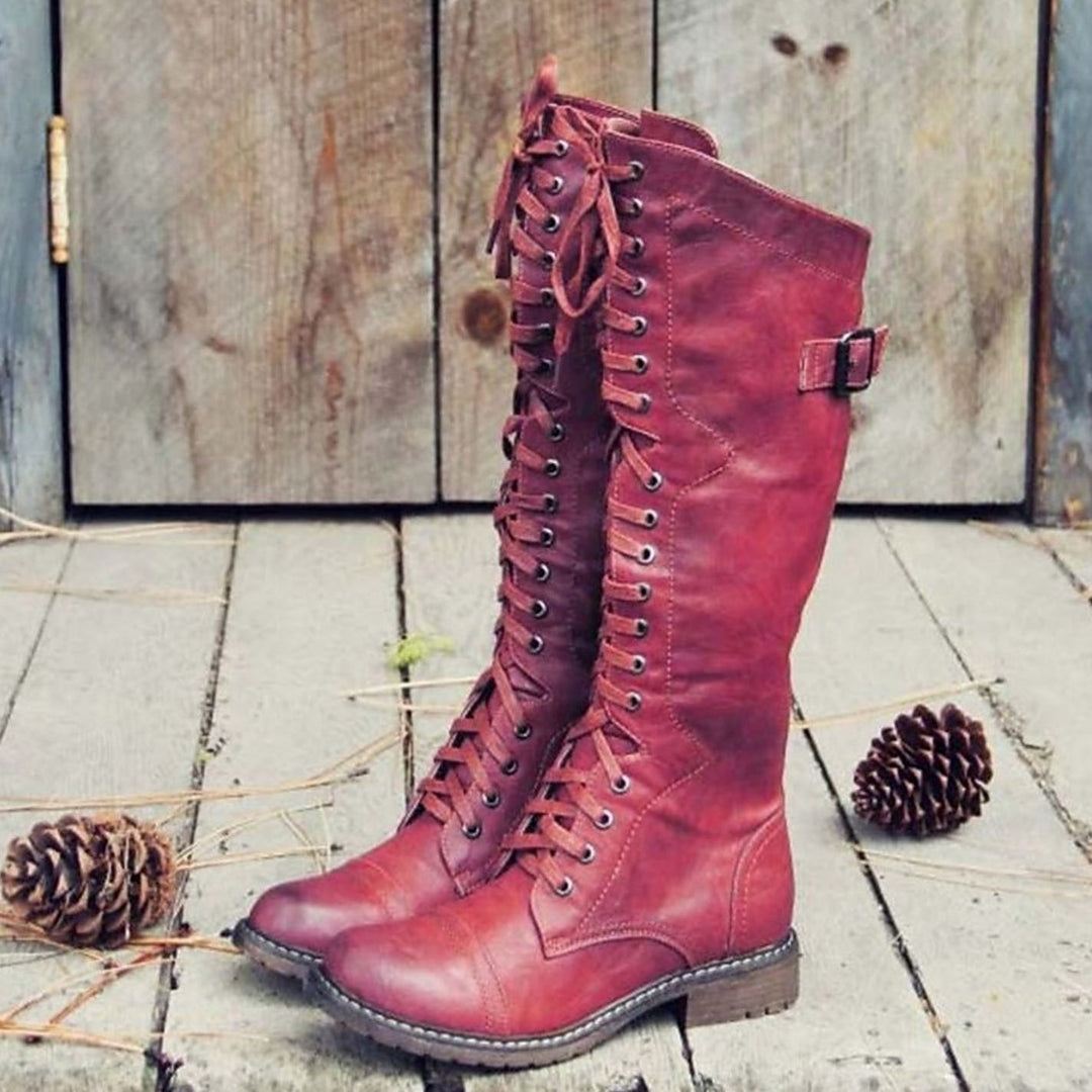 Damen Kniehohe Schnürstiefel im Reitstil Profilsohle Wadenstiefel - Rot