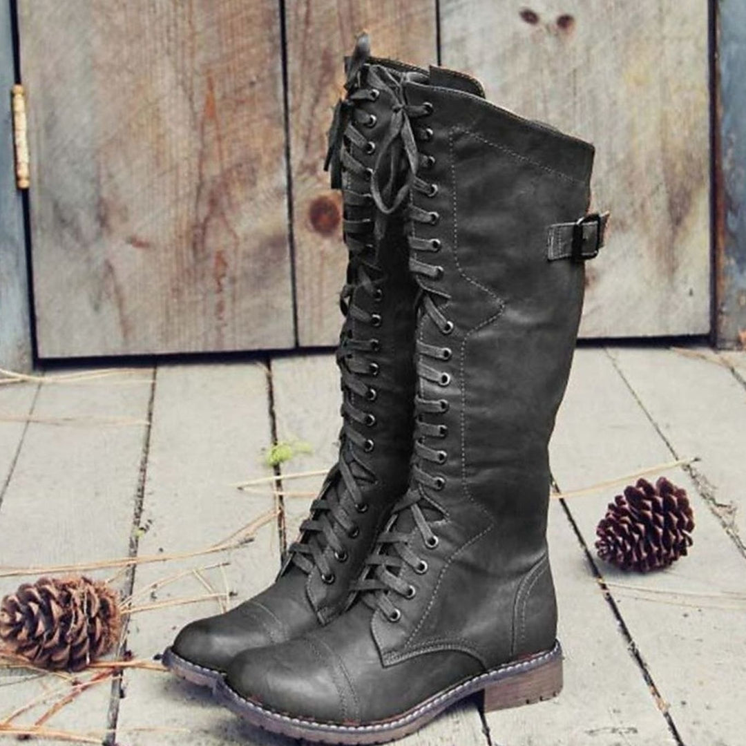 Damen Kniehohe Schnürstiefel im Reitstil Profilsohle Wadenstiefel - Schwarz