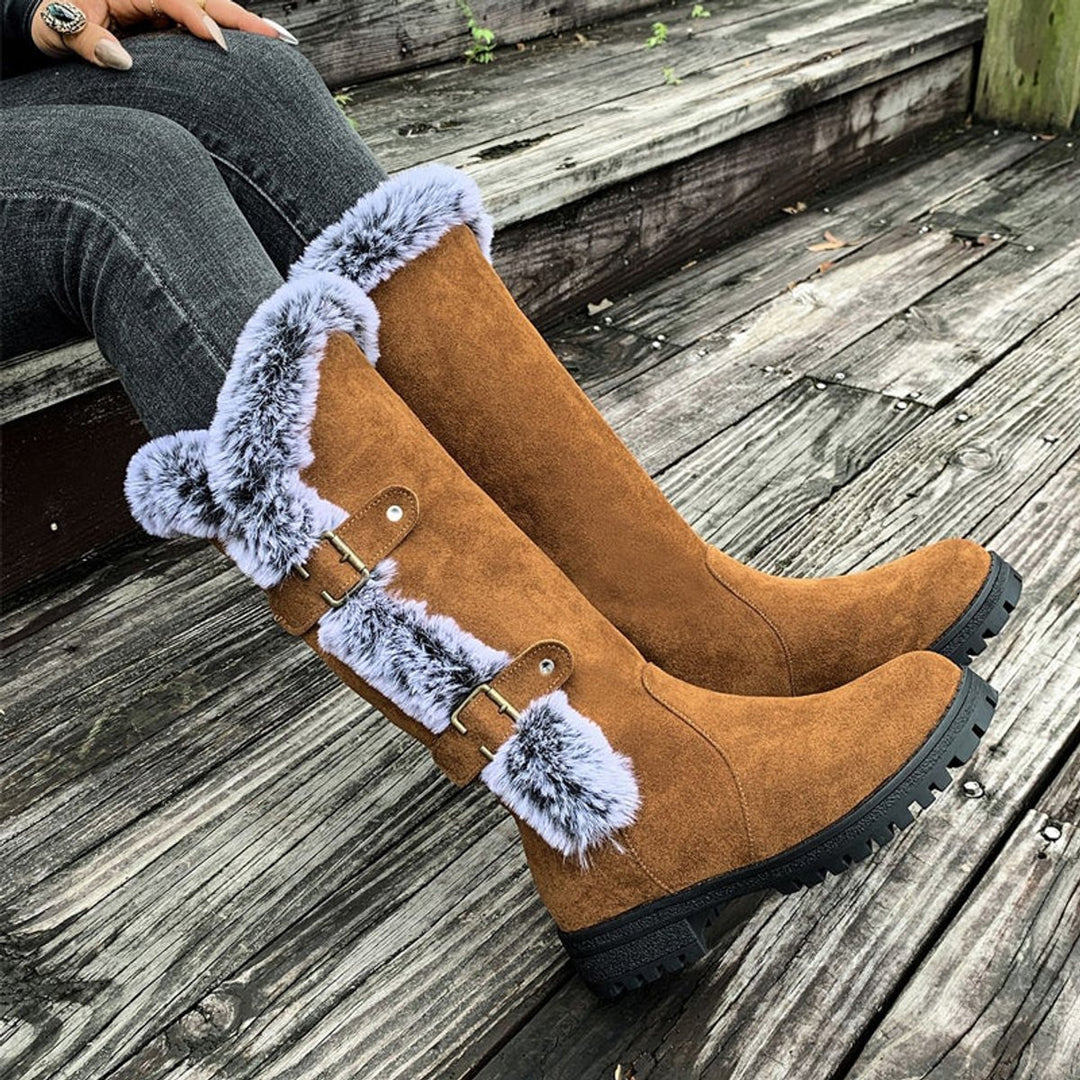 Damen Kniehohe Stiefel Plüsch Schnallen Winterstiefel Warm