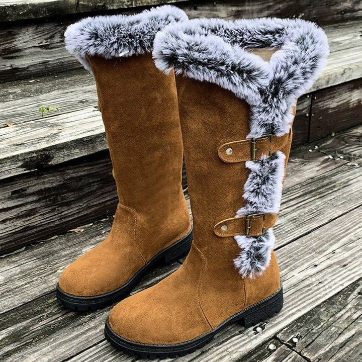 Damen Kniehohe Stiefel Plüsch Schnallen Winterstiefel Warm
