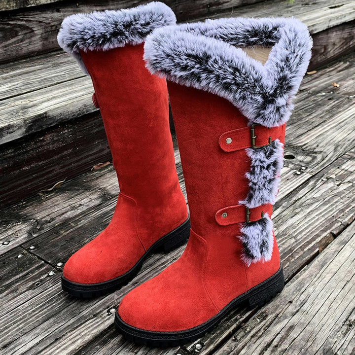 Damen Kniehohe Stiefel Plüsch Schnallen Winterstiefel Warm - Rot