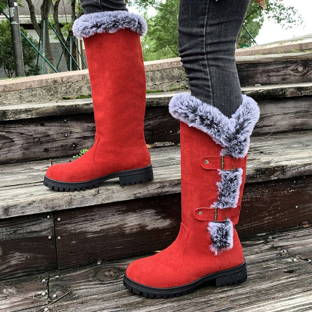 Damen Kniehohe Stiefel Plüsch Schnallen Winterstiefel Warm