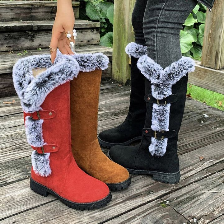 Damen Kniehohe Stiefel Plüsch Schnallen Winterstiefel Warm