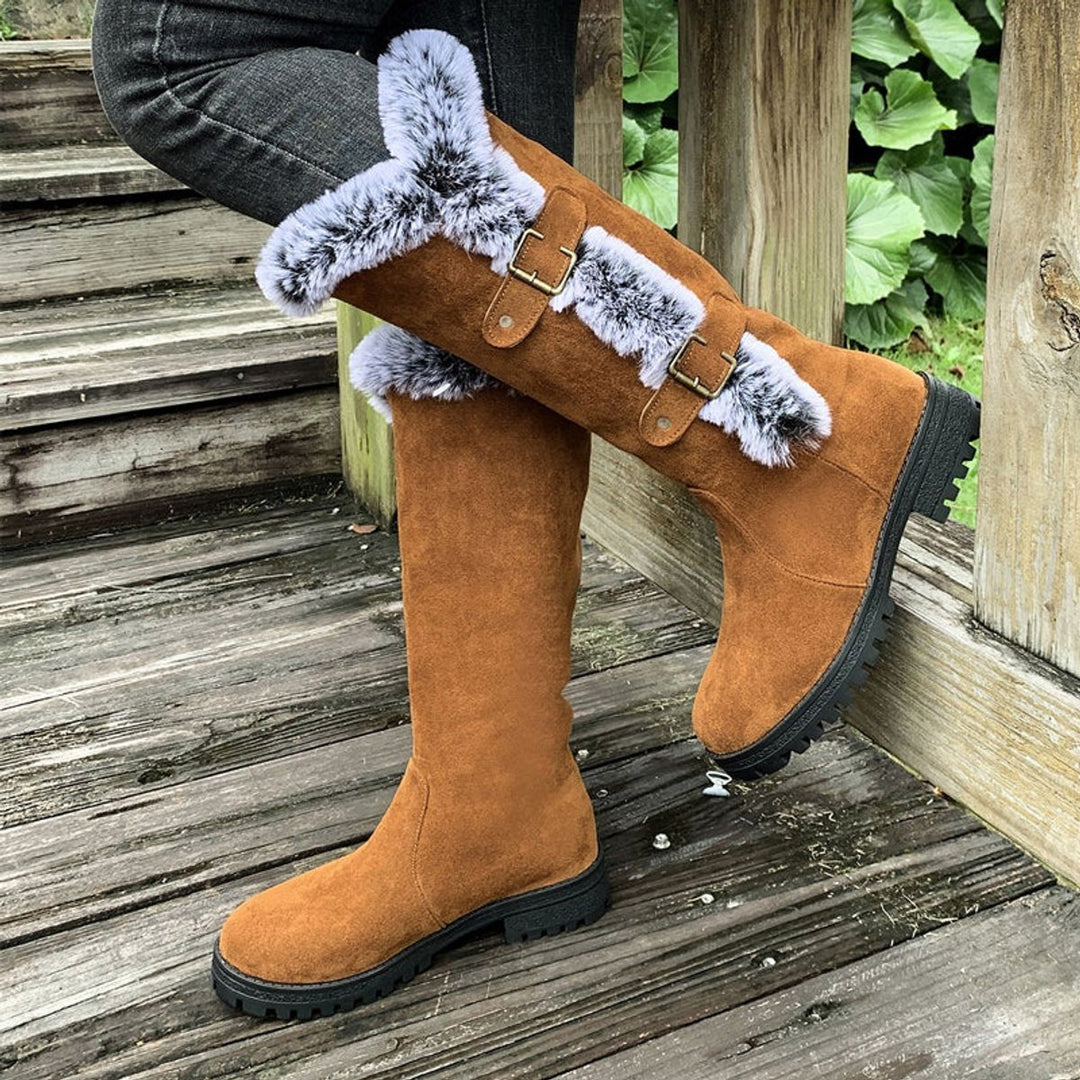 Damen Kniehohe Stiefel Plüsch Schnallen Winterstiefel Warm - Hellbraun