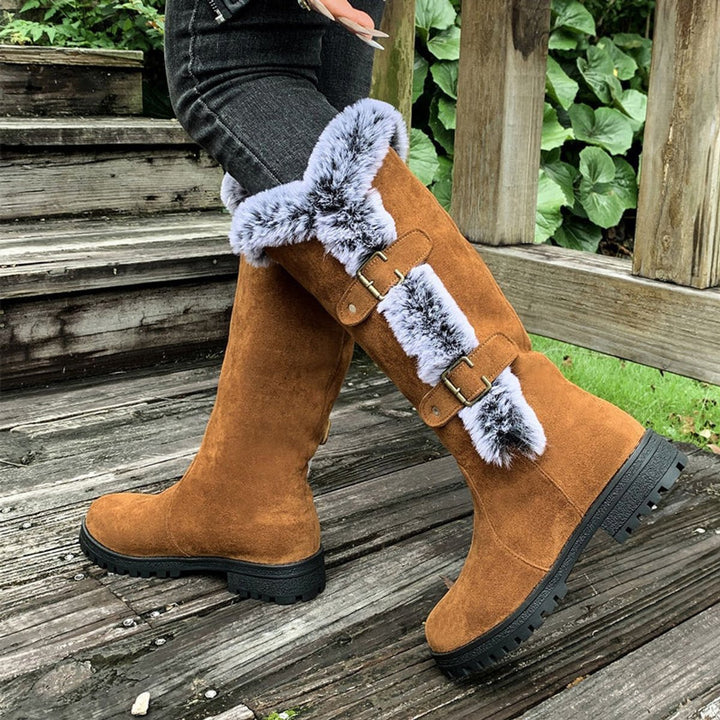 Damen Kniehohe Stiefel Plüsch Schnallen Winterstiefel Warm