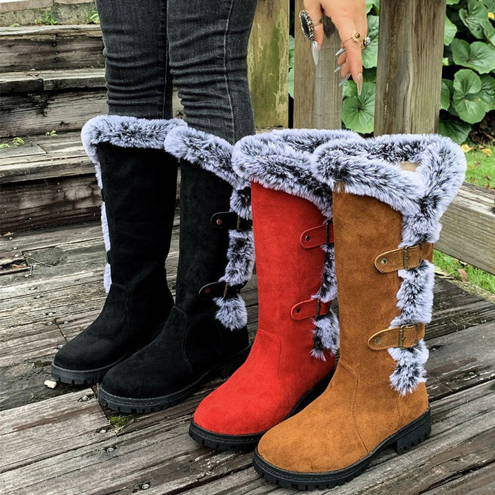 Damen Kniehohe Stiefel Plüsch Schnallen Winterstiefel Warm