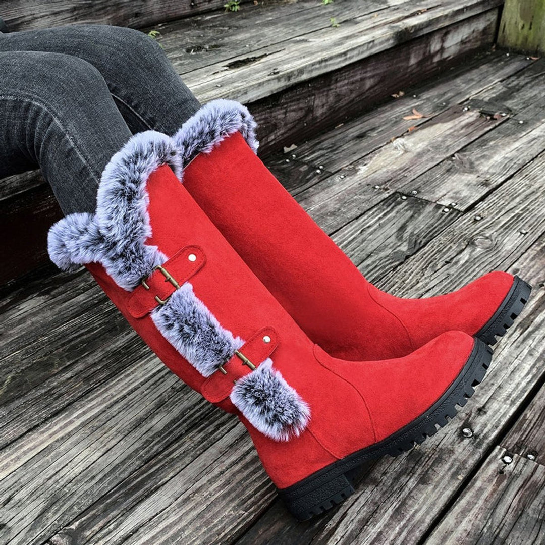 Damen Kniehohe Stiefel Plüsch Schnallen Winterstiefel Warm