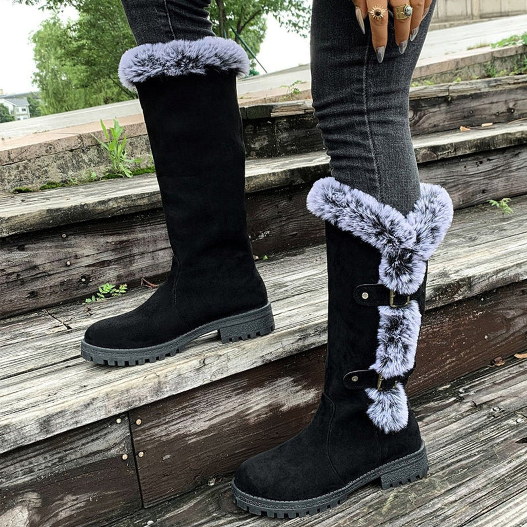Damen Kniehohe Stiefel Plüsch Schnallen Winterstiefel Warm