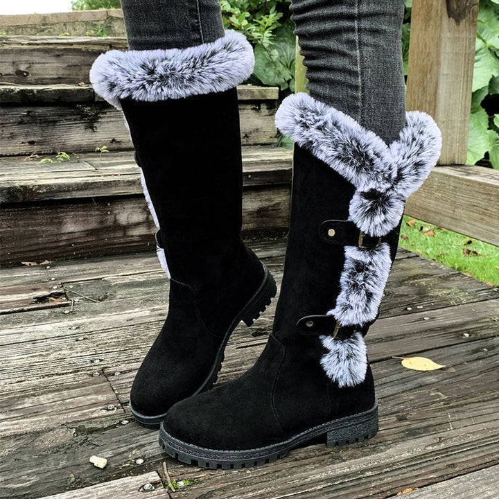 Damen Kniehohe Stiefel Plüsch Schnallen Winterstiefel Warm - Schwarz