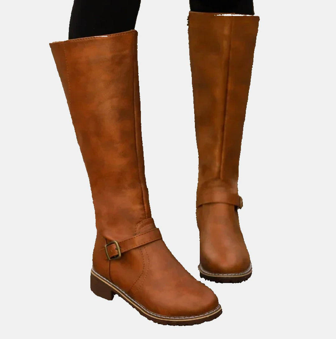 Damen Kniehohe Stiefel Schnalle Reißverschluss Kunstleder