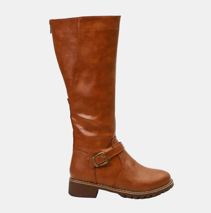 Damen Kniehohe Stiefel Schnalle Reißverschluss Kunstleder