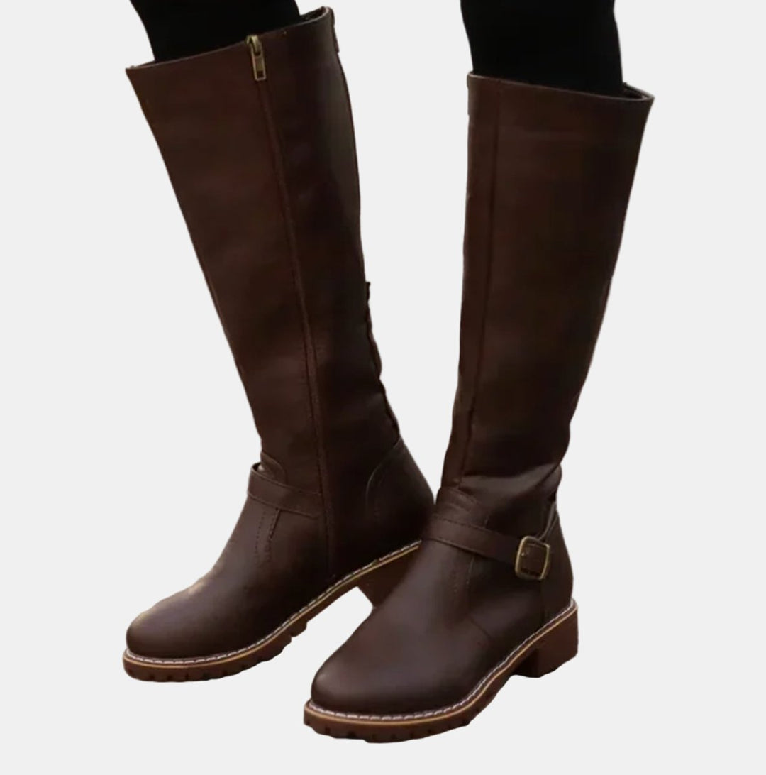 Damen Kniehohe Stiefel Schnalle Reißverschluss Kunstleder