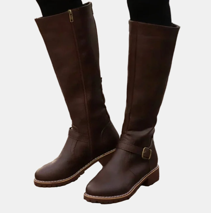 Damen Kniehohe Stiefel Schnalle Reißverschluss Kunstleder
